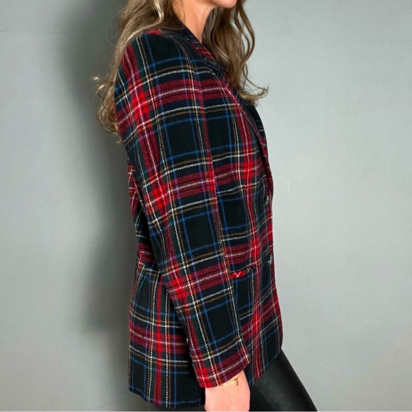 Vintage Multi Color Longline Wool Plaid Blazer Jacket Coat - Picture 3 of 4